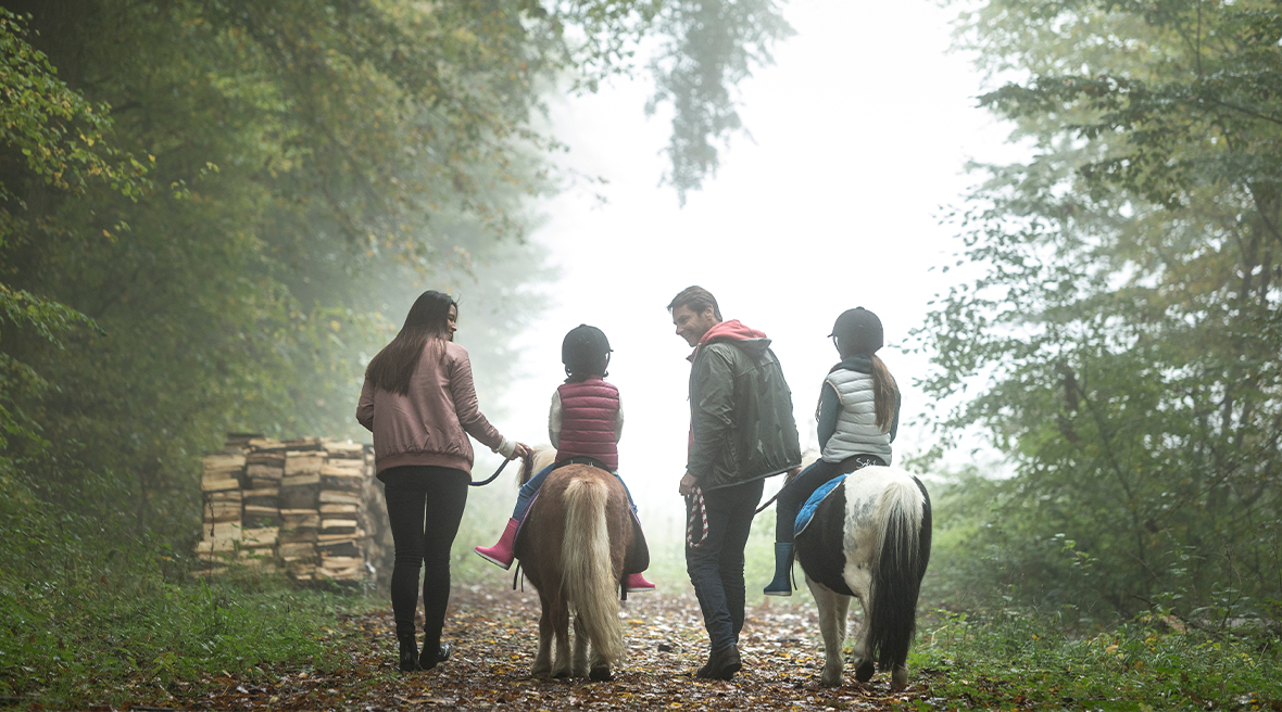 Two adults, with their backs to the camera, walk alongside two young children riding small ponies.
